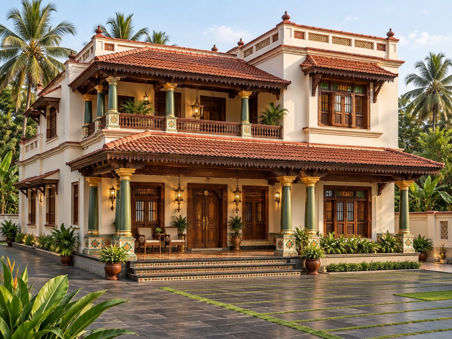 Heritage-style home with tiled roofs and green and gold pillars