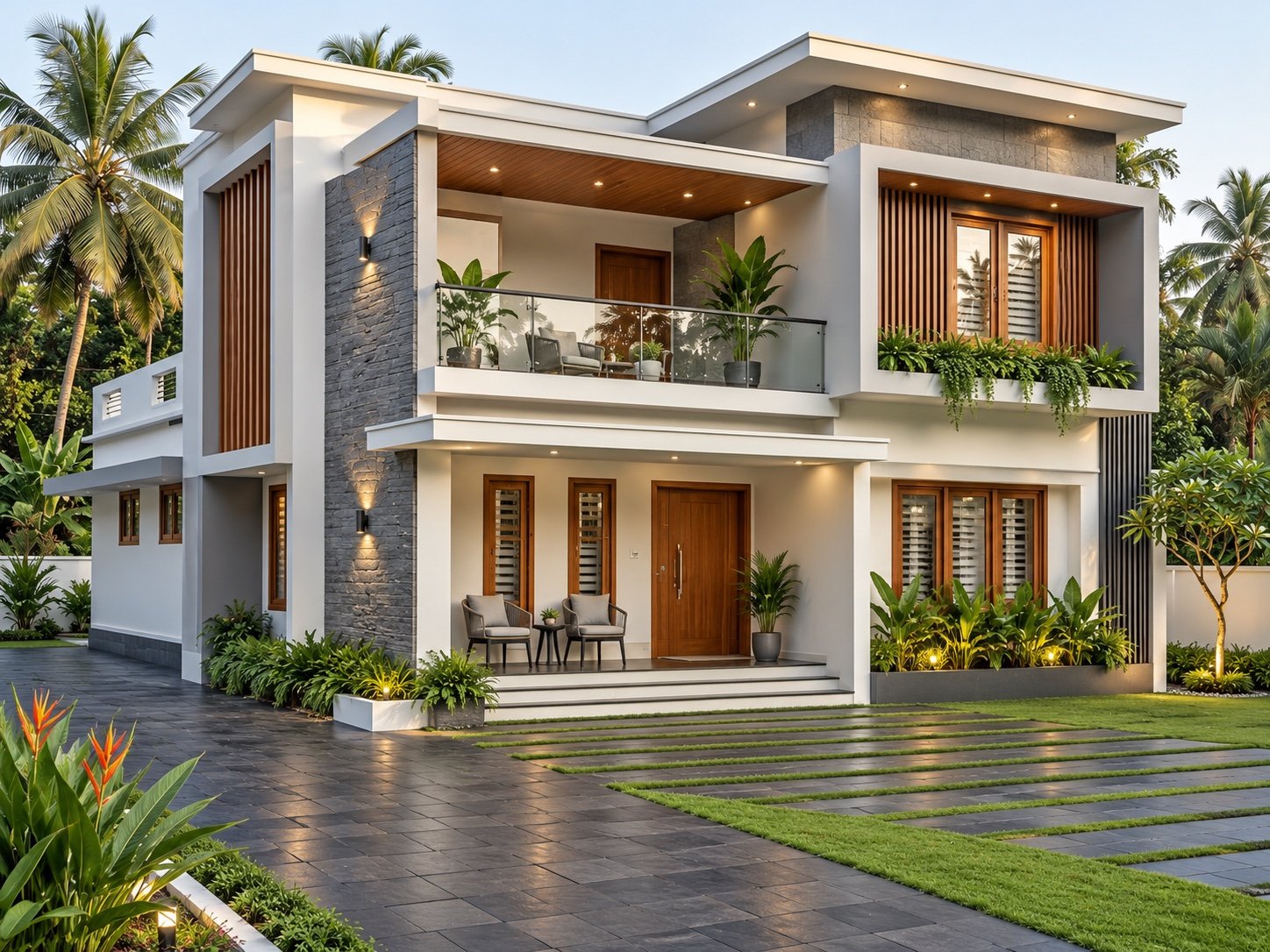 Contemporary home with stone accents and a landscaped garden
