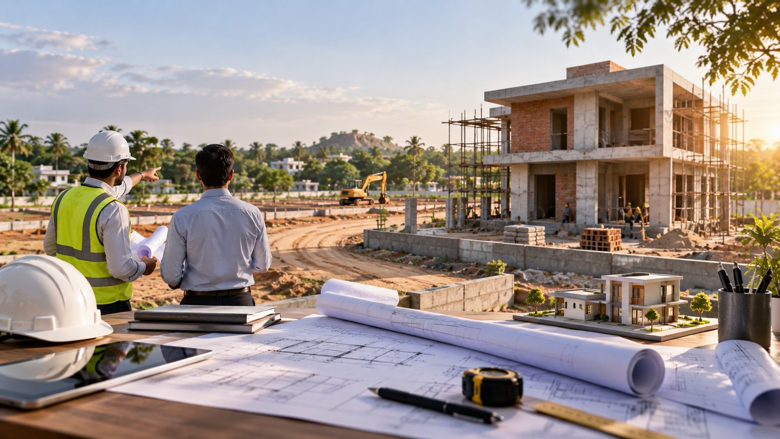 An engineer and client reviewing plans at a home construction site
