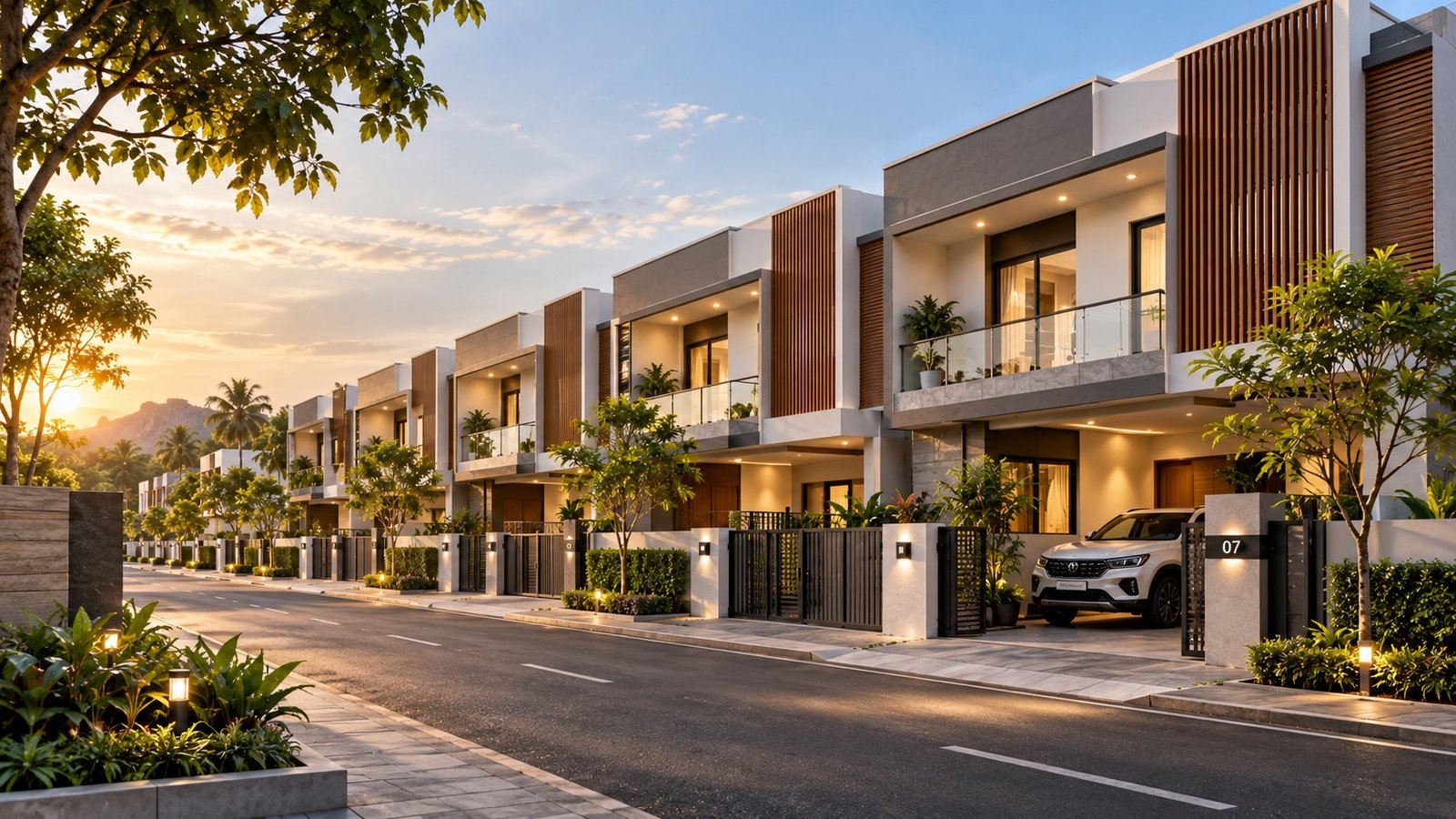 Contemporary row houses with landscaped entrances at sunset